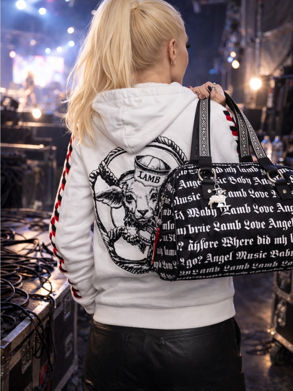 L.A.M.B. Black and White Script Logo Satchel